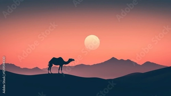 Fototapeta Silhouette Camel Desert Sunset Mountain Landscape