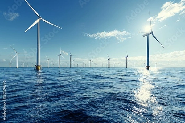 Fototapeta Offshore wind farm featuring multiple turbines generating renewable energy at sea