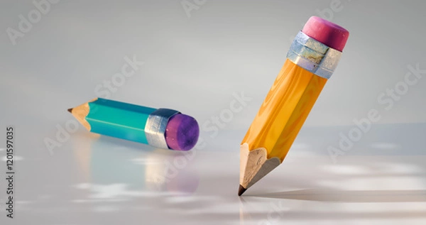 Fototapeta A cartoon-style 3D yellow pencil on a white background with detailed reflections and shadows. A highly detailed design perfect for Knowledge Day, September 1st, or back-to-school themes.