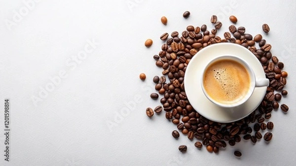Fototapeta Top View Coffee Cup With Coffee Beans on a White background. 