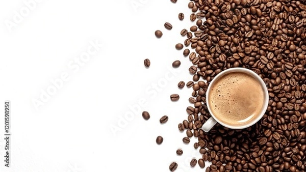 Fototapeta Top View Coffee Cup With Coffee Beans on a White background. 