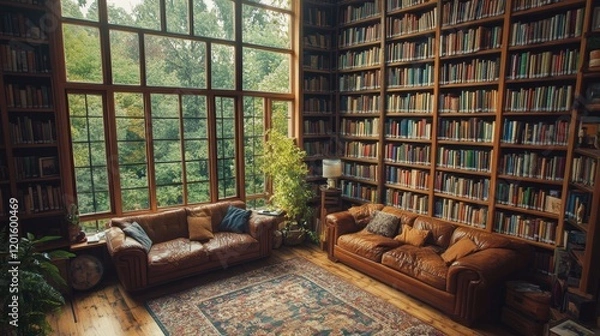 Fototapeta Luxurious Library Reading Room with Large Window View