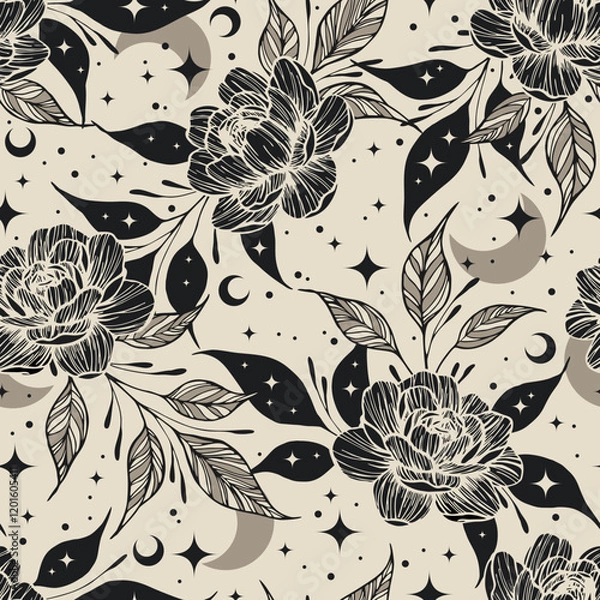 Fototapeta Magic seamless vector pattern with flowers, moons and stars. Boho pattern for astrology, esoteric, tarot, mystic and magic. 