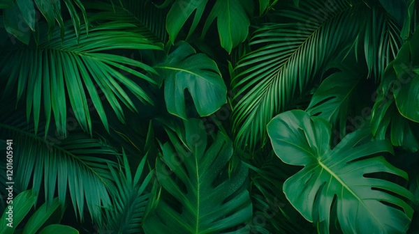 Fototapeta Lush Tropical Greenery Background Dark Green Leaves, Nature Texture, Perfect for Design