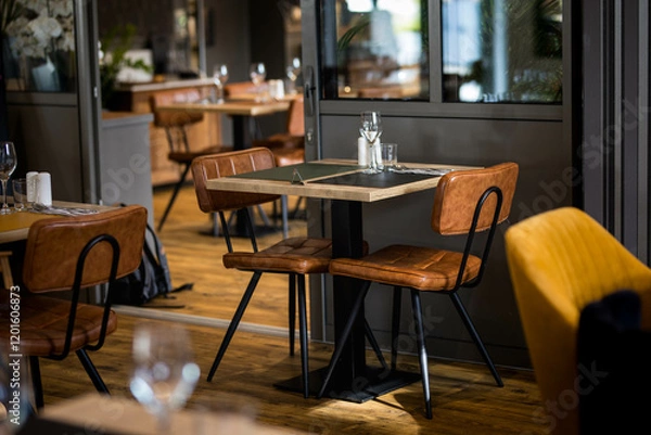 Obraz Une table dressée dans un restaurant gastronomique avec des chaises en cuir