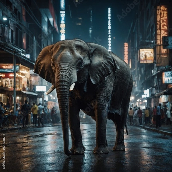 Fototapeta An elephant in a bustling urban cityscape at night.