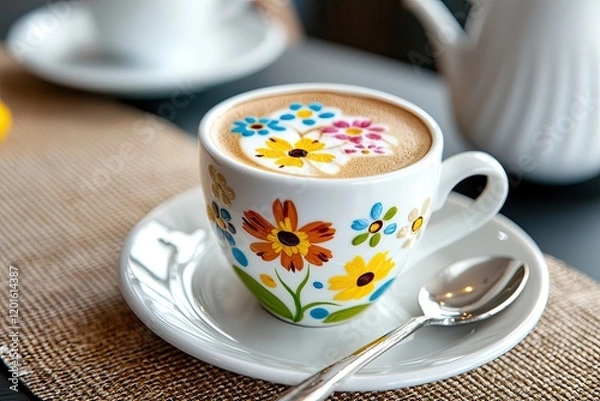 Fototapeta a creamy latte topped with vibrant floral art, elegant spoon on the side, neutral tones