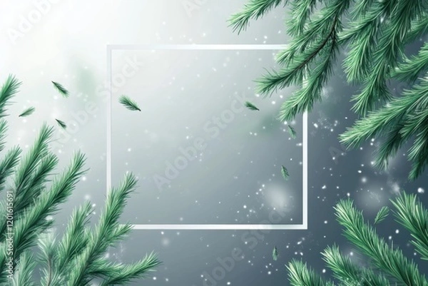 Fototapeta A white square frame on the right side of an isolated gray background, featuring green pine leaves and branches floating around it. 