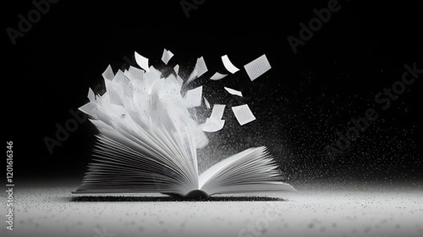 Fototapeta Open book, pages flying, dark background, knowledge concept, education