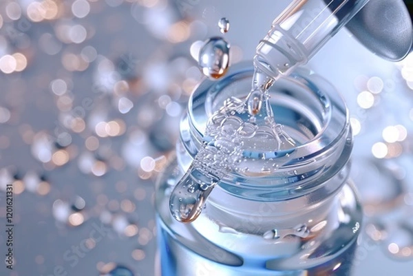 Fototapeta A close-up of a dropper dispensing liquid from a glass vial, surrounded by sparkling droplets, with a soft blue background.
