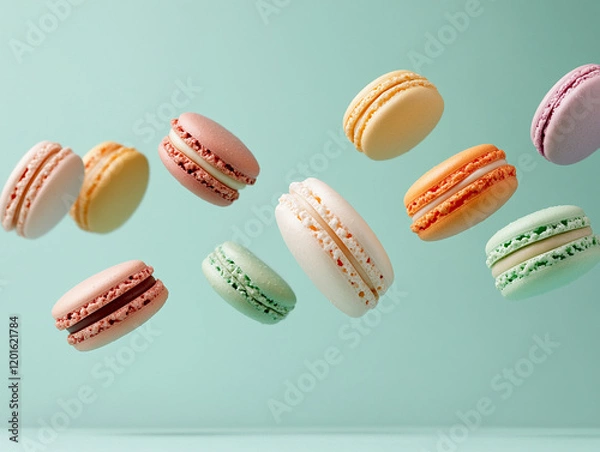 Fototapeta Colorful macarons floating against a light background