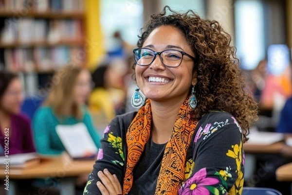 Fototapeta Engaged student looking inspired while educator shares motivational advice, bright library backdrop