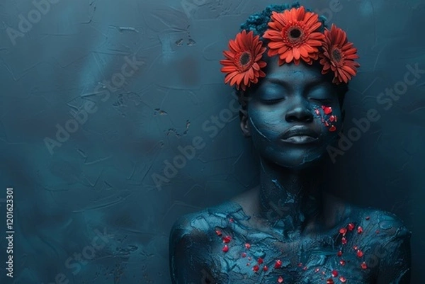 Fototapeta Mental health awareness month  woman with colorful flowers on green background for joy and balance