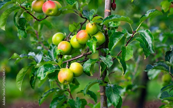 Fototapeta Apple trees with ripe red apples in the garden. Natural red apples on branches of trees. Autumn apple orchard. Red juicy apples in apple orchard.