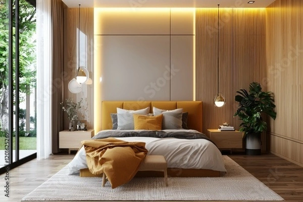 Fototapeta Modern cozy bedroom featuring sleek lines, calming color scheme, and cozy reading nook