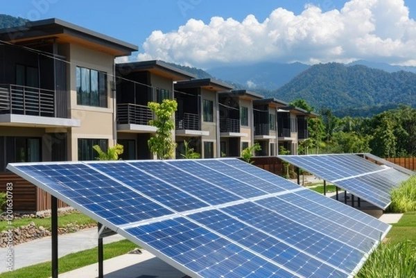 Fototapeta Eco-friendly community utilizing biomass energy with solar panels, showcasing harmony with nature and reduced emissions