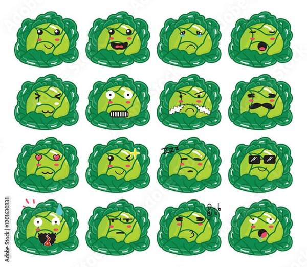 Fototapeta A Cute Cartoon cabbage with various Expression set for Emoji or sticker project