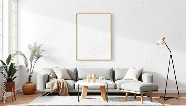 Fototapeta Modern Minimalist Living Room Interior Design with Grey Sofa Wooden Coffee Table and Blank Canvas