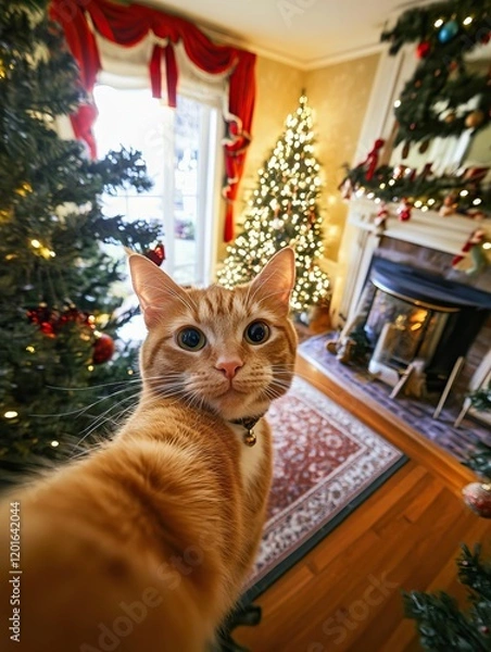 Obraz Orange cat selfie with Christmas tree in background.