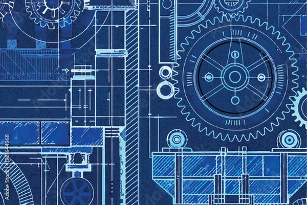 Obraz A detailed vector blueprint style background of a modern factory machine, emphasizing intricate gears, cogs, and mechanical components.