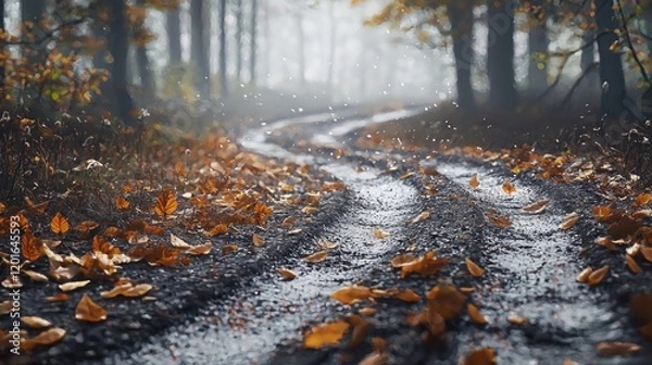 Fototapeta Autumnal Forest Path: A Rainy Day's Serene Walk