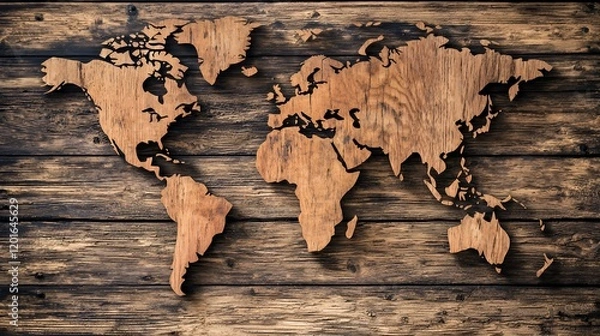 Obraz Wooden World Map on Rustic Background