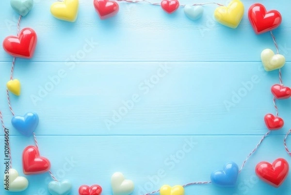 Fototapeta A vibrant heart-shaped garland rests gracefully on a rustic blue wooden surface, radiating love and warmth in a charming display perfect for Valentine's Day.