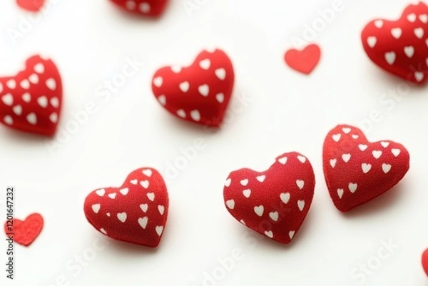 Fototapeta A playful arrangement of red hearts dances across a pristine white surface, creating a delightful scene of love and affection for Valentine's Day.
