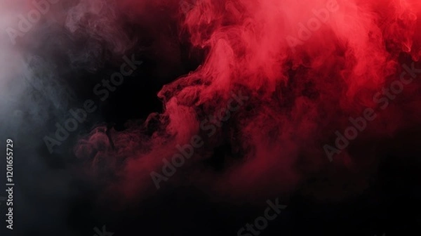 Fototapeta Red and grey smoke swirls, dark background, abstract art, design element