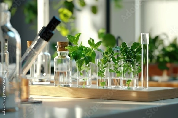 Fototapeta microscope studying microscopic organisms in a lab setting, clear glass slides and pipettes