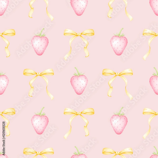 Fototapeta strawberry, bow. Watercolor seamless pattern in pastel colors for textile and wrapping paper. Cute illustration of food and festive ribbons for mother's day, valentine's day, birthday