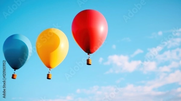 Fototapeta Three colorful hot air balloons float against a bright blue sky dotted with clouds, creating a cheerful and uplifting scene.