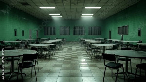 Fototapeta Abandoned Prison Cafeteria: Eerie Night Scene with Overturned Tables, Dim Light, and Creeping Shadows - Photorealistic Depiction