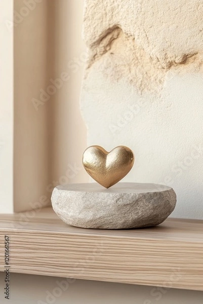 Fototapeta The setup showcases a blend of light oak and smooth gray stone, enhanced by a small brass heart atop. Ample cream background space offers a luxurious and natural feel