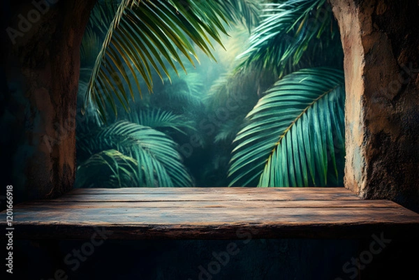 Fototapeta Lush tropical jungle scene viewed through a rustic stone archway, showcasing a weathered wooden table perfect for product placement or display.