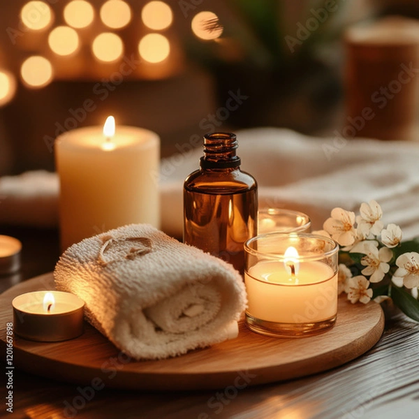 Fototapeta Spa setting with candles and towel elegant.