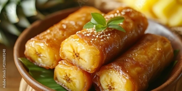 Obraz Delicious Filipino traditional dessert features turon, a flavorful fried banana treat, skillfully paired with sweet pineapple, showcasing the delightful essence of turon in every bite.