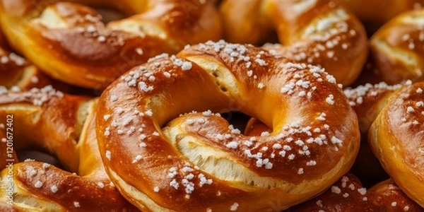 Fototapeta Close up of soft salted pretzels freshly baked, showcasing their delicious texture and flavor. These traditional pretzels are perfect for snacking and evoke the essence of savory bagels.