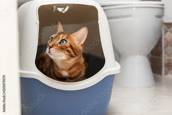 Fototapeta A domestic cat uses a litter box with a lid in the toilet room.