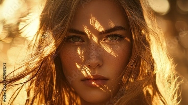 Fototapeta Close-up portrait of a young woman with freckles, golden sunlight illuminating her face and hair.