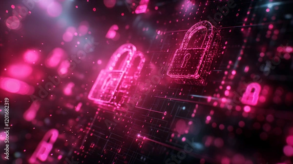 Obraz Digital lock with neon red lines, cybersecurity concept background. Generative AI