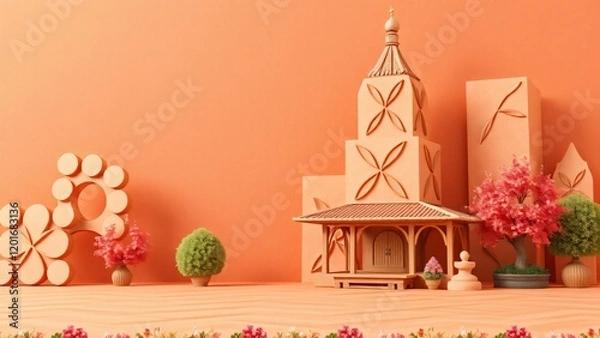 Fototapeta Serene Minimalist Peach Cityscape with Blossom Trees and Geometric Shapes