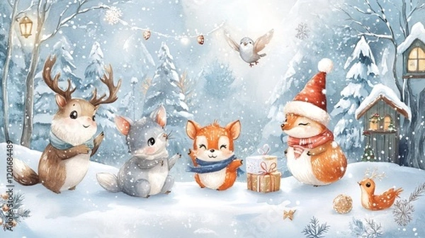 Obraz Charming winter watercolor collection featuring adorable animal characters in festive settings. 