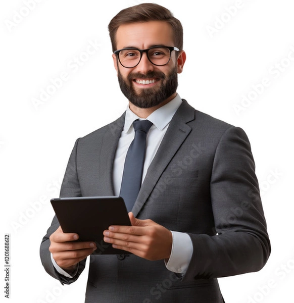 Fototapeta Portrait of a happy young businessman in a suit holding a tablet, on a transparent background