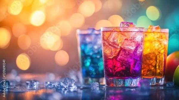 Fototapeta Colorful cocktails, ice, party lights. Festive drinks menu