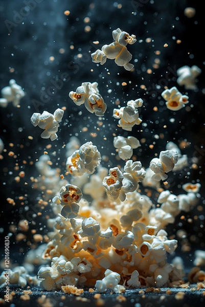 Obraz Popcorn bursts into the air creating a playful culinary spectacle. Generative AI