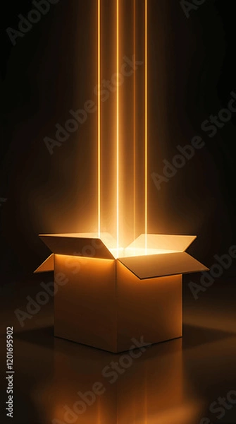 Obraz A mysterious cardboard box emitting radiant golden light beams on a reflective surface, evoking curiosity, discovery, and abstract wonder