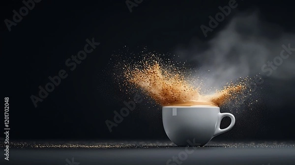 Fototapeta Steaming coffee exploding from cup, dark background, energy, beverage advertisement