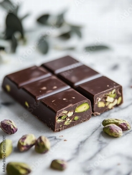 Fototapeta Delicious chocolate bar filled with creamy pistachio paste enjoyed at a cozy setting. Generative AI
