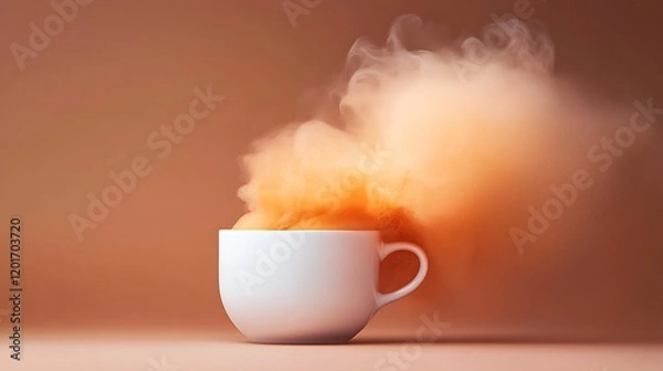 Fototapeta Steaming cup, orange smoke, brown background, warm drink, website banner